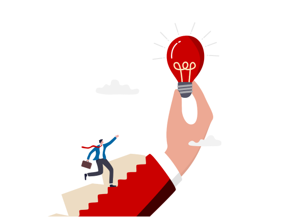 A person climbs stairs holding a briefcase, reaching for a large red light bulb held by a giant hand.