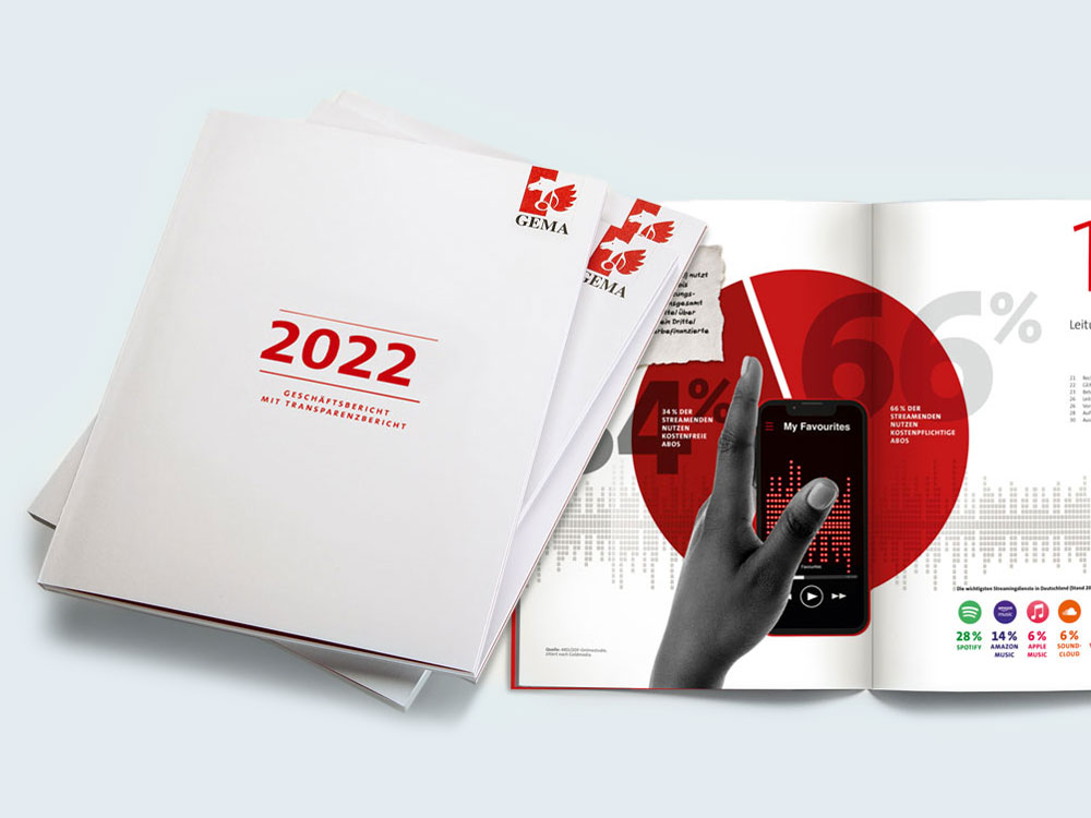 Stack of 2022 reports next to an open page with a hand pointing at a smartphone displaying