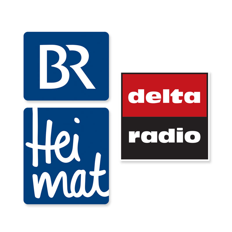 Zwei Logos: Links BR Heimat in Blau, rechts delta radio in Rot und Schwarz.