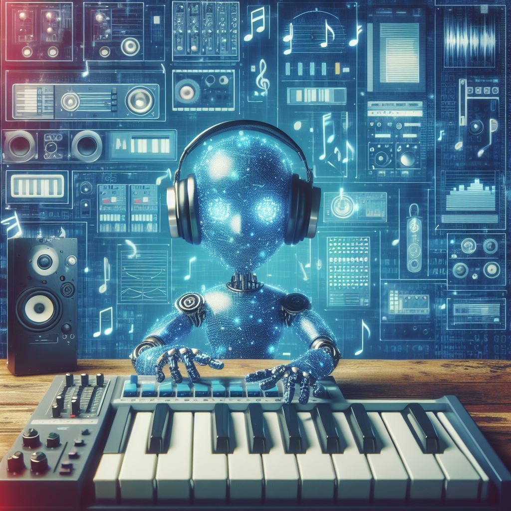 A robot with headphones plays a keyboard, surrounded by music icons and sound equipment on a digital background.