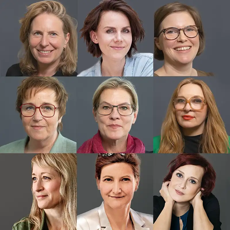 A grid of nine women smiling against a gray background, each with different hairstyles and glasses.