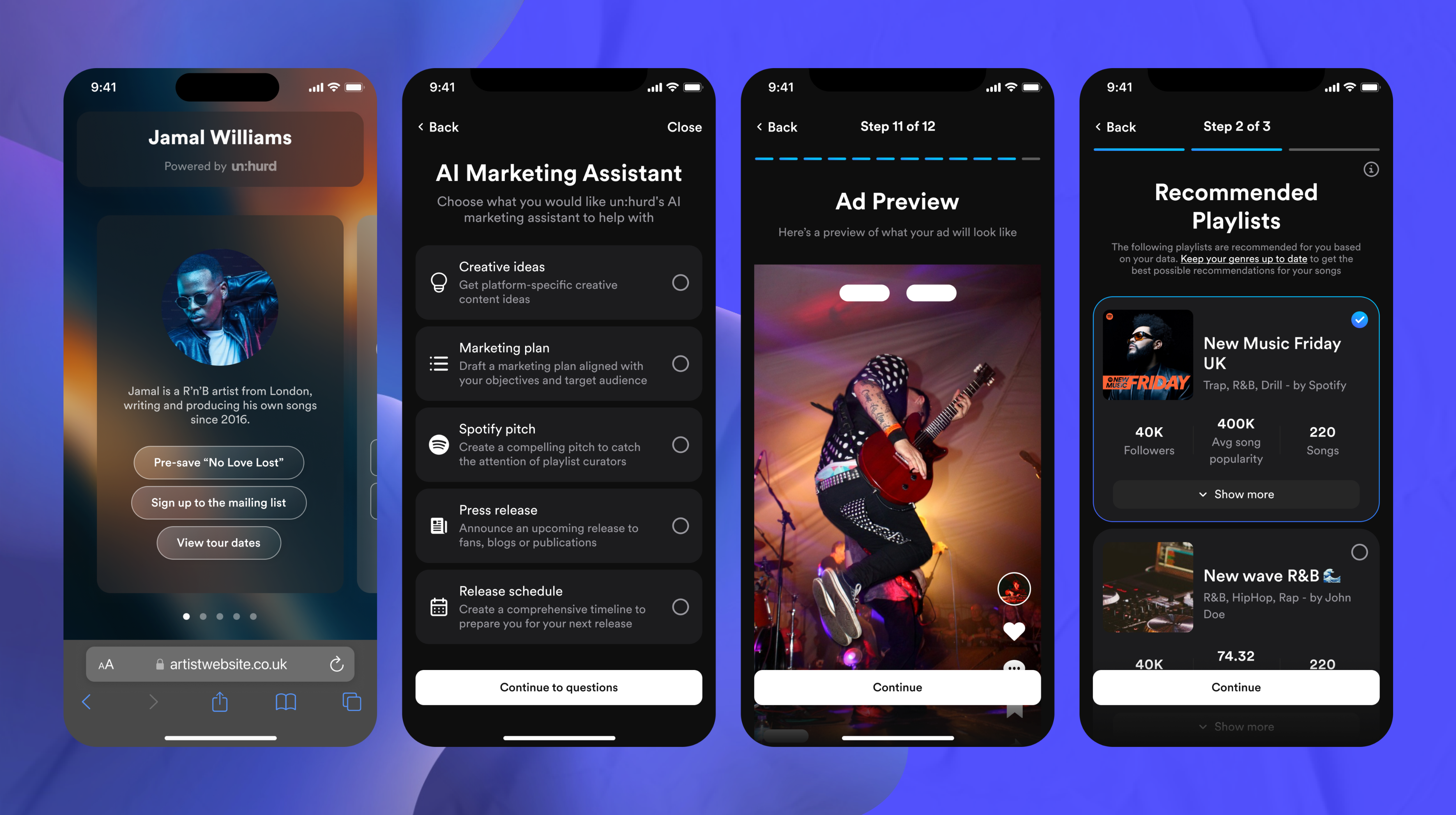 Vier Smartphone-Bildschirme zeigen eine Musik-App mit Künstlerprofil, Marketingoptionen, Anzeigevorschau und Playlist-Empfehlungen.