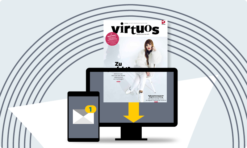 Magazine cover with a woman in white, a smartphone with an email icon, and a monitor with a download arrow.