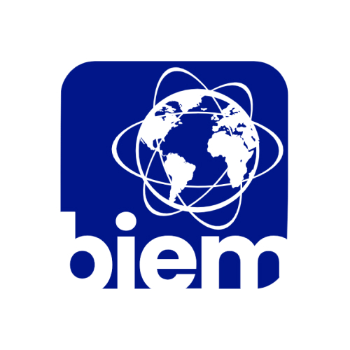 Blue square with white globe and orbit lines above the word 