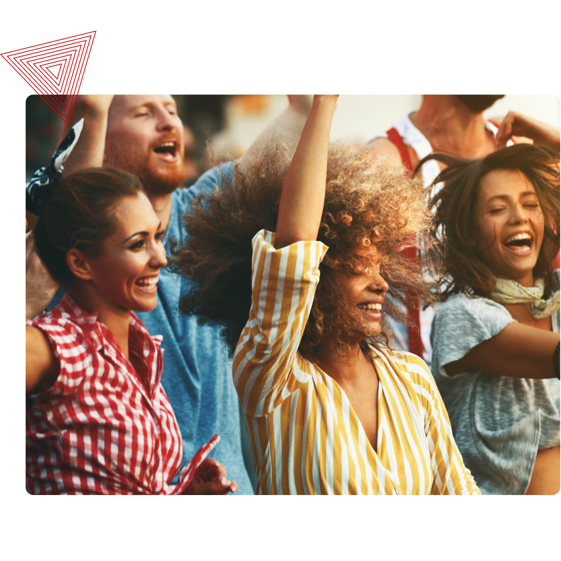 A group of people joyfully dancing, with raised arms and smiling faces, wearing casual summer clothing.