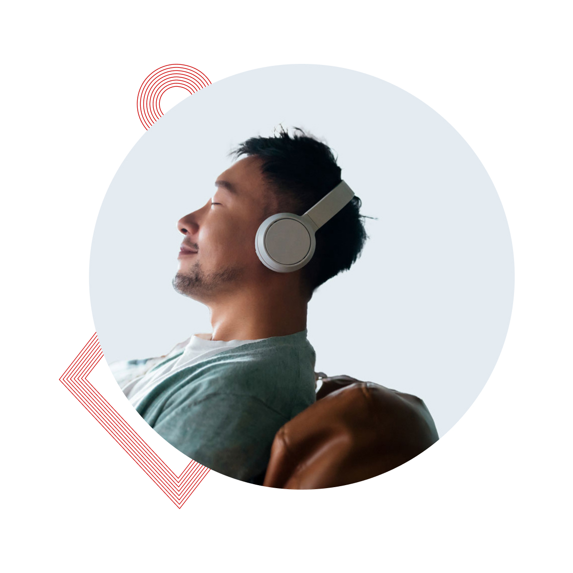 A person with headphones relaxes on a chair, eyes closed, in a circular frame with decorative red lines.