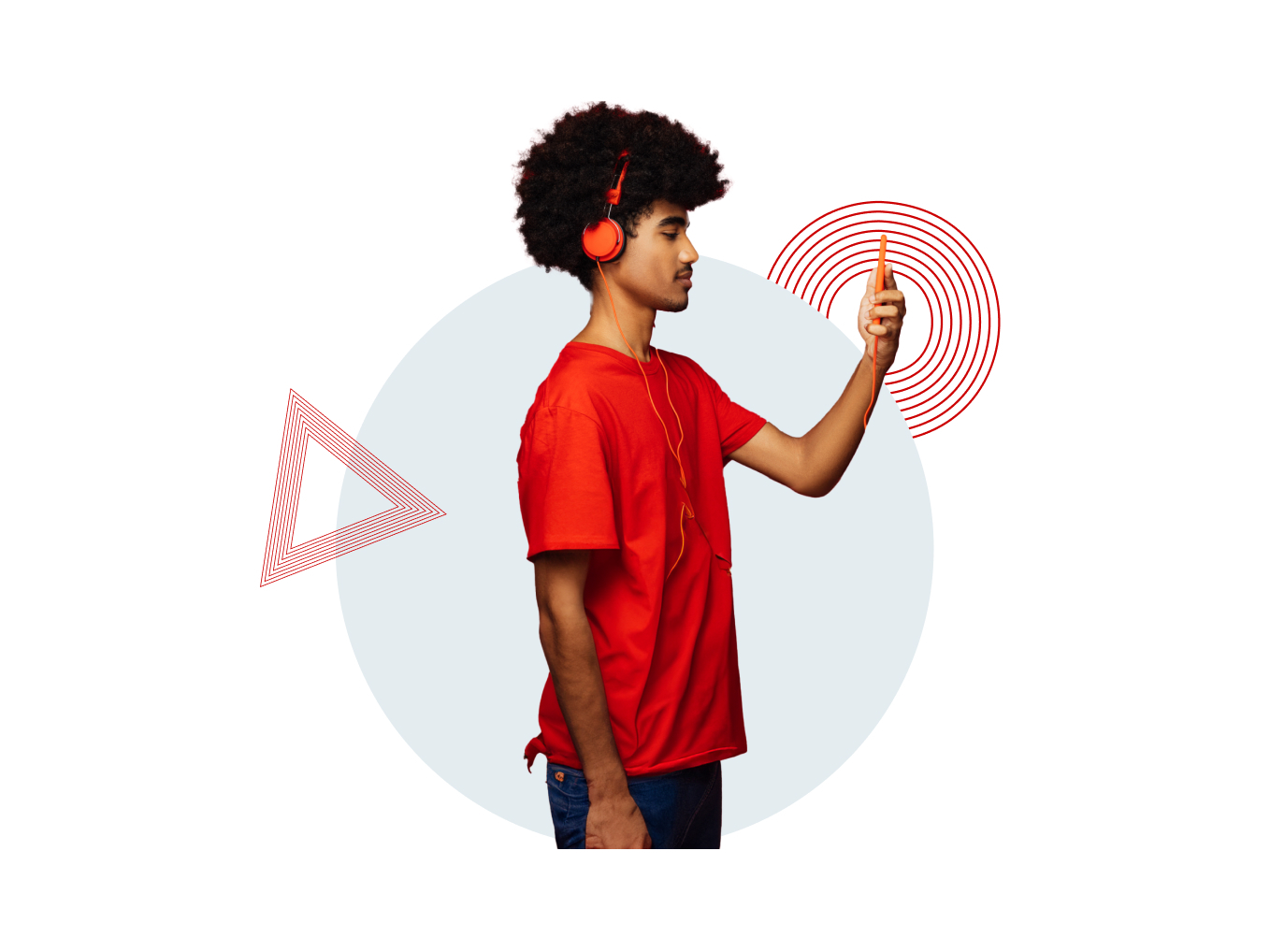 A person in a red shirt and headphones holds a phone, with geometric shapes in the background.