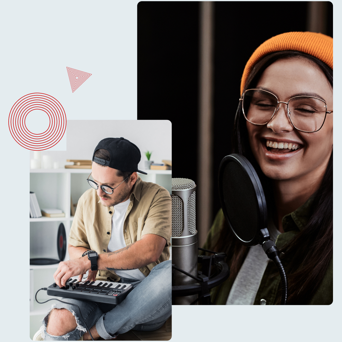 A man in a cap plays a keyboard, while a woman in a beanie smiles at a microphone.