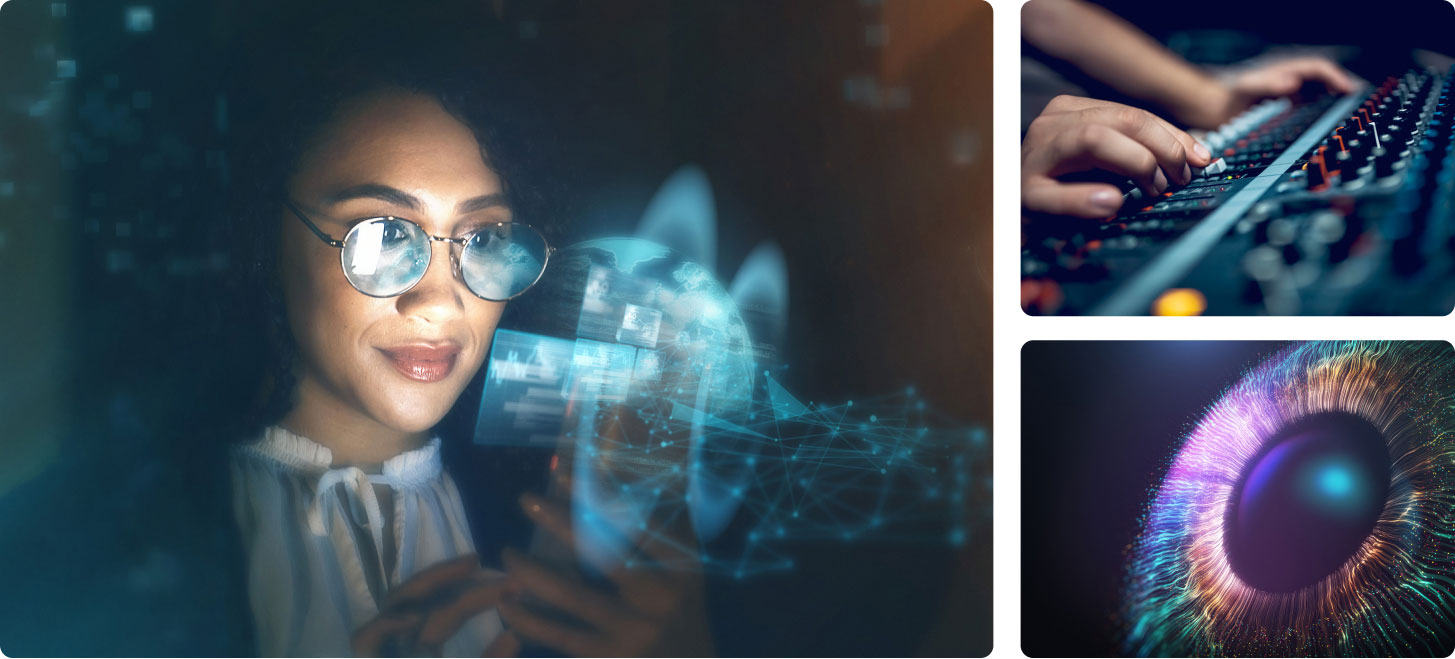 Woman with glasses viewing digital globe, hands on sound mixer, colorful abstract eye pattern.