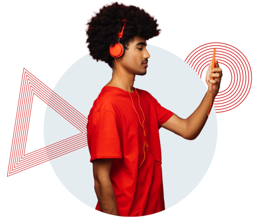 A person in a red shirt and headphones holds a phone, set against geometric red shapes and a light gray circle.