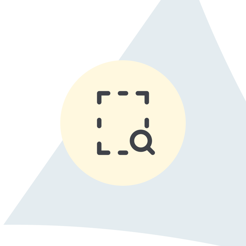 Ein Lupe-Symbol in einem gepunkteten Quadrat auf beigem Kreis, vor hellblauem Hintergrund.