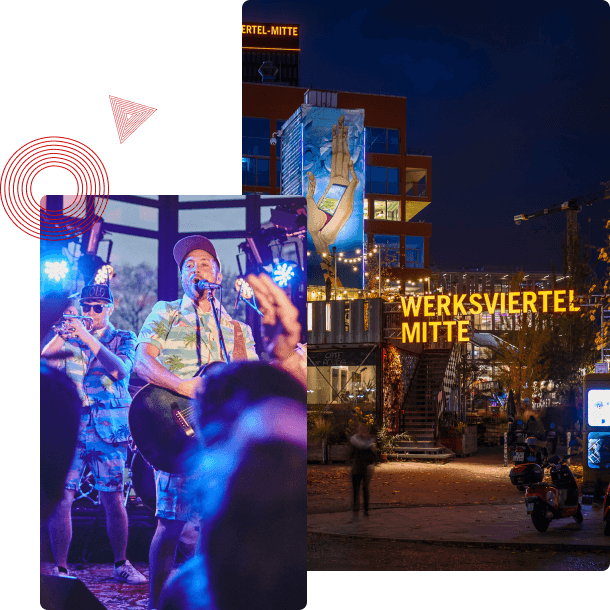  daneben ein beleuchtetes Gebäude mit 