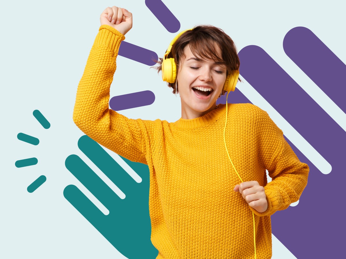 Person in a yellow sweater and headphones dances joyfully against a colorful abstract background.