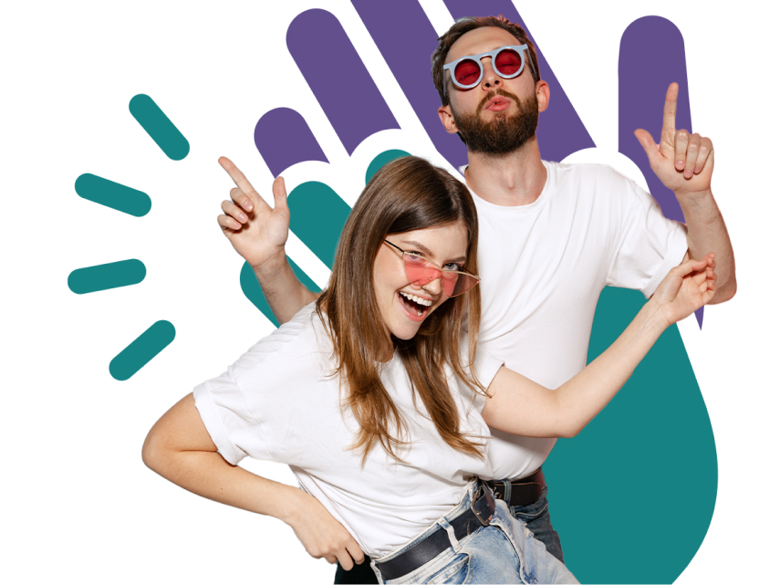 Two people in white shirts pose playfully with colorful abstract shapes in the background.