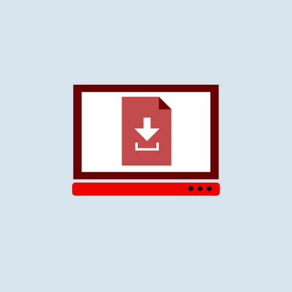 A red laptop screen displays a red file icon with a white download arrow on a light blue background.
