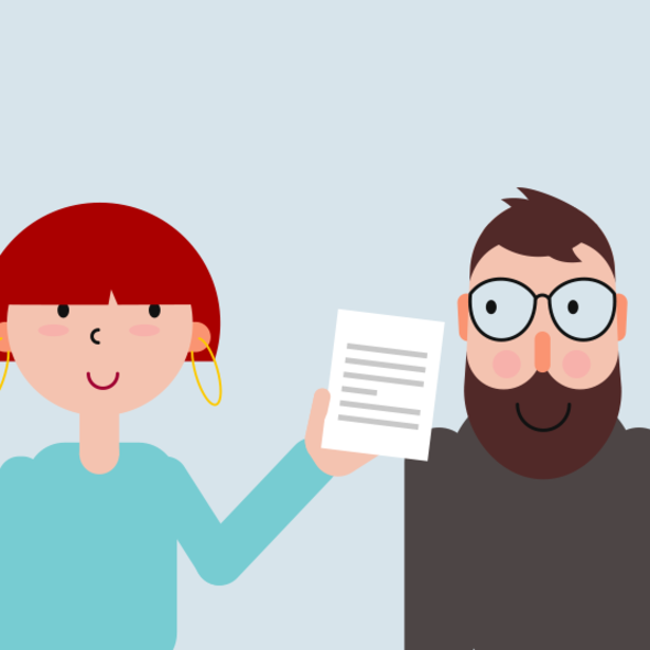 Illustration of a woman with red hair holding a paper next to a bearded man with glasses.