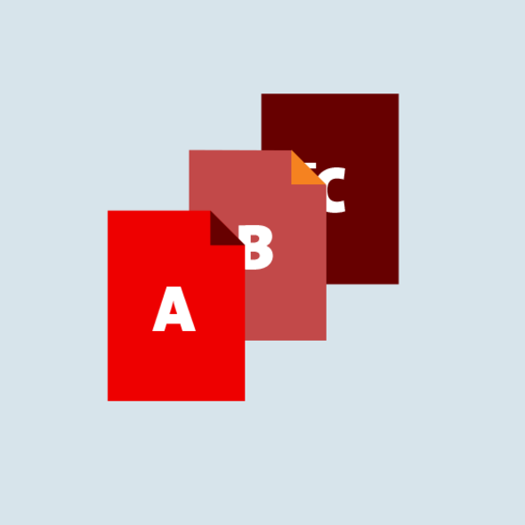 Three overlapping papers labeled A, B, C in red, pink, and dark red on a light blue background.