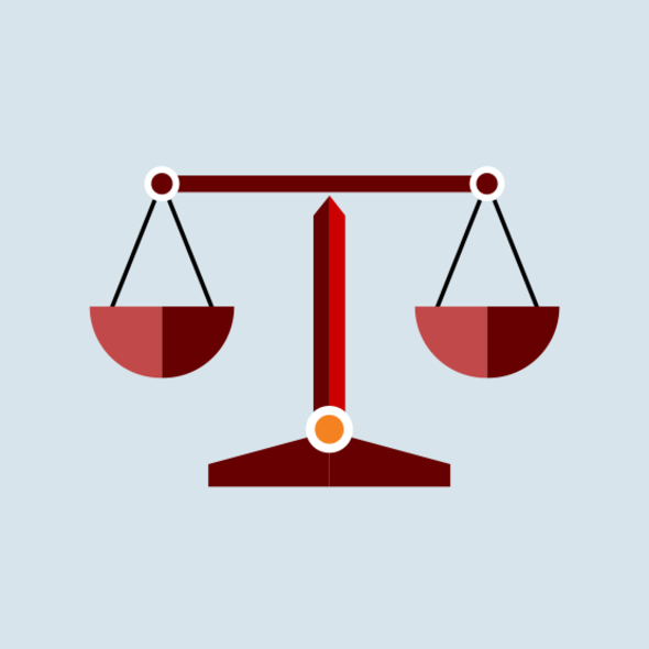 A red balance scale with two uneven pans on a light blue background.