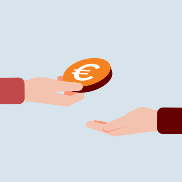 Two hands exchange an orange coin with a euro symbol on a light blue background.