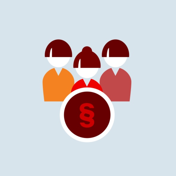 Three stylized figures behind a red circle with a paragraph symbol on a light blue background.