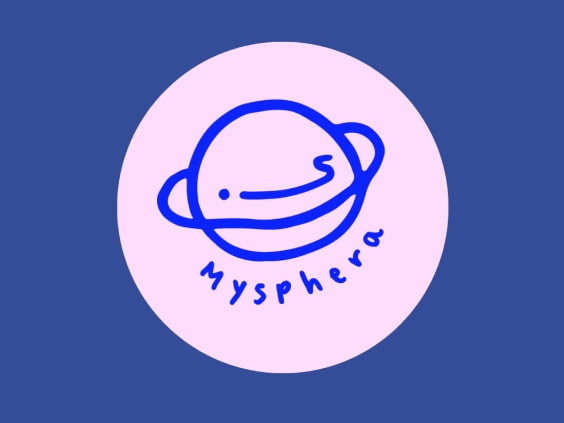 Blauer Saturn-ähnlicher Planet auf rosa Kreis, umgeben von blauem Hintergrund, mit dem Text 