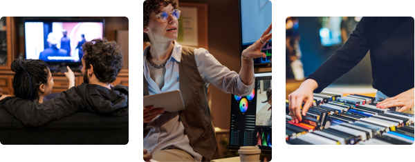 People watching TV, a person pointing at a screen with a tablet, and hands browsing vinyl records in three separate images.