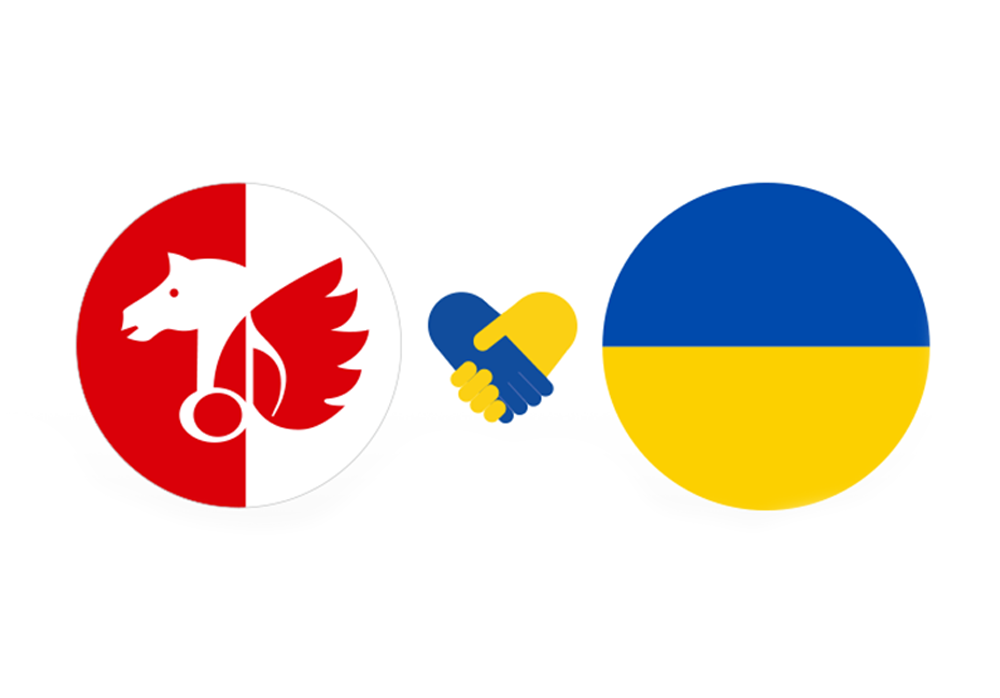 A red and white emblem with a winged horse, a blue and yellow handshake, and a blue and yellow circle.