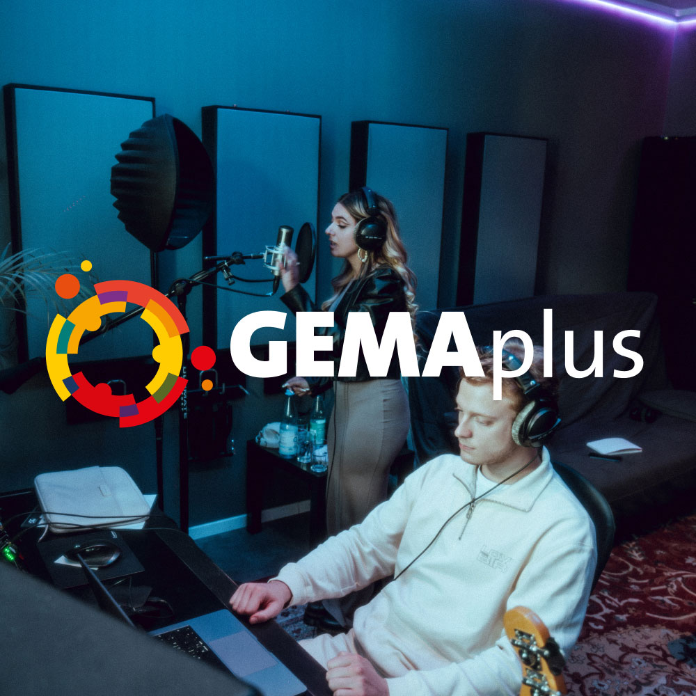 Two people in a recording studio, one singing into a microphone, the other at a mixing desk. GEMAplus logo overlay.