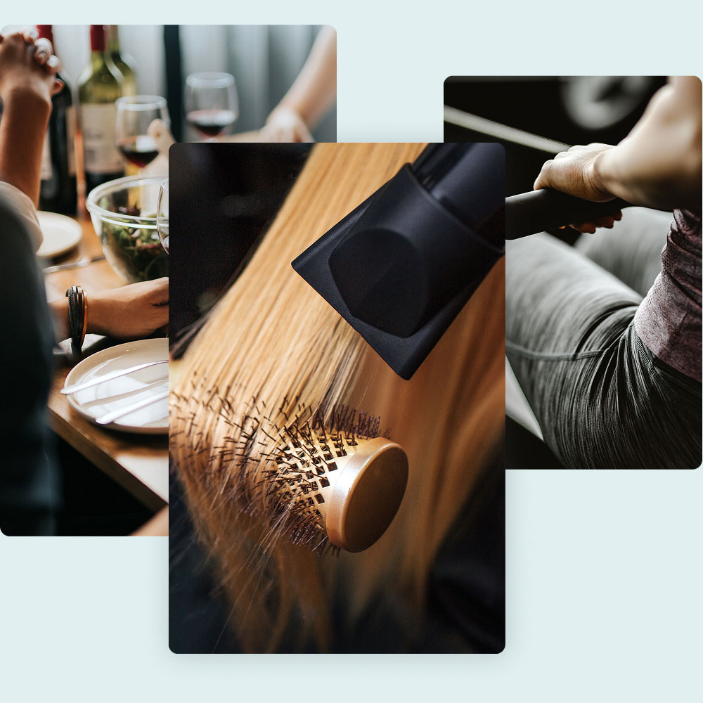 A collage of three images: dining table with wine, hair being blow-dried with a round brush, and a person rowing indoors.