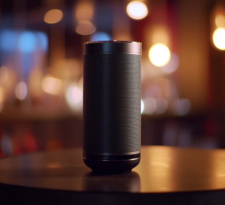 A black smart speaker on a table with blurred warm lights in the background.