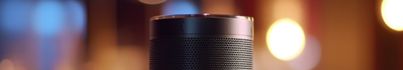 A black smart speaker on a table with blurred warm lights in the background.