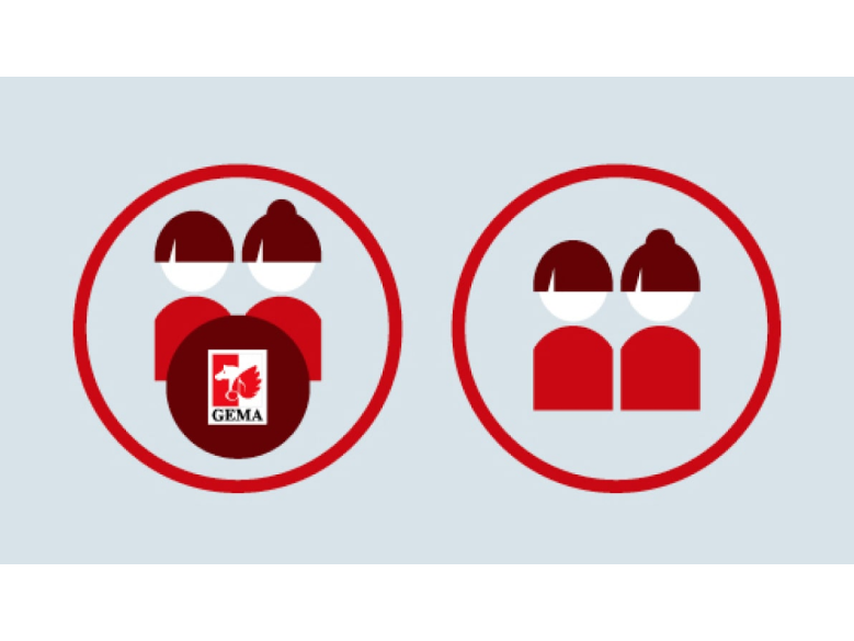 Two red icons of people in circles