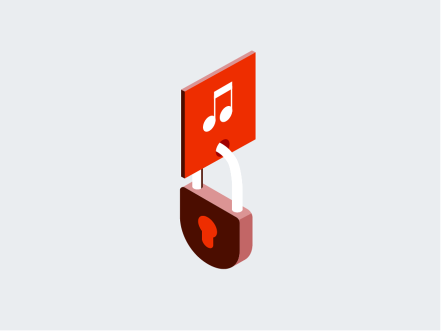 Rotes Musik-Symbol mit Vorhängeschloss auf grauem Hintergrund.
