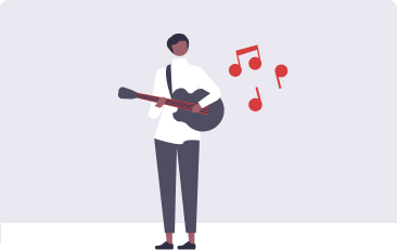 A person stands playing a guitar, with red music notes floating nearby, on a light gray background.