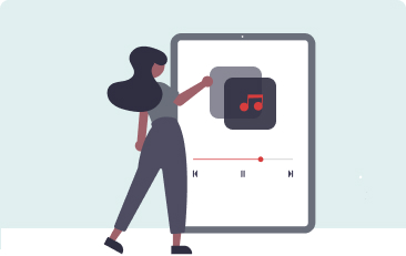 Illustration of a person interacting with a large tablet displaying a music app interface.